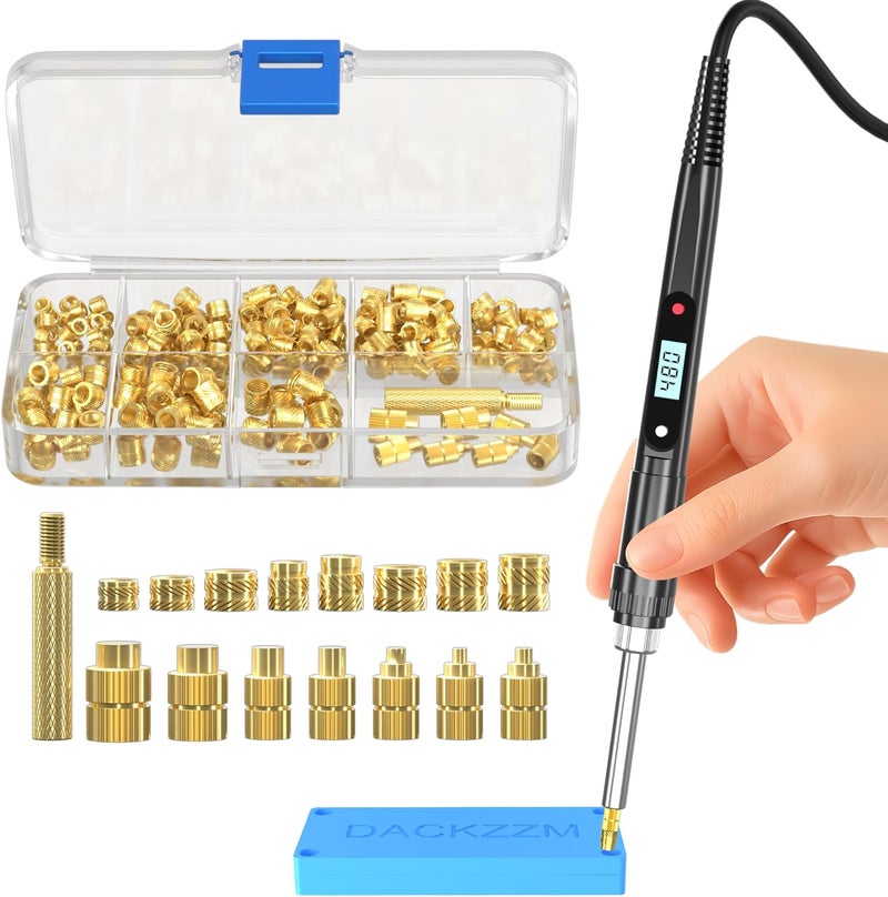 DACKZZM Heat Set Insert Tools kit 80W Digital Soldering Iron with Iron Tips and Heat Set Insert Tips, 220Pcs Threaded Inserts Brass Nuts for Plastic 3D Printer Parts - Image 1